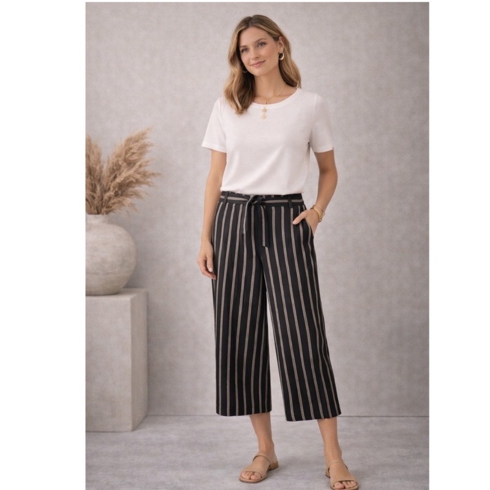 J. Jill Linen Stretch Striped Paperbag Waist Wide Leg Crop Pants Black Tan Med